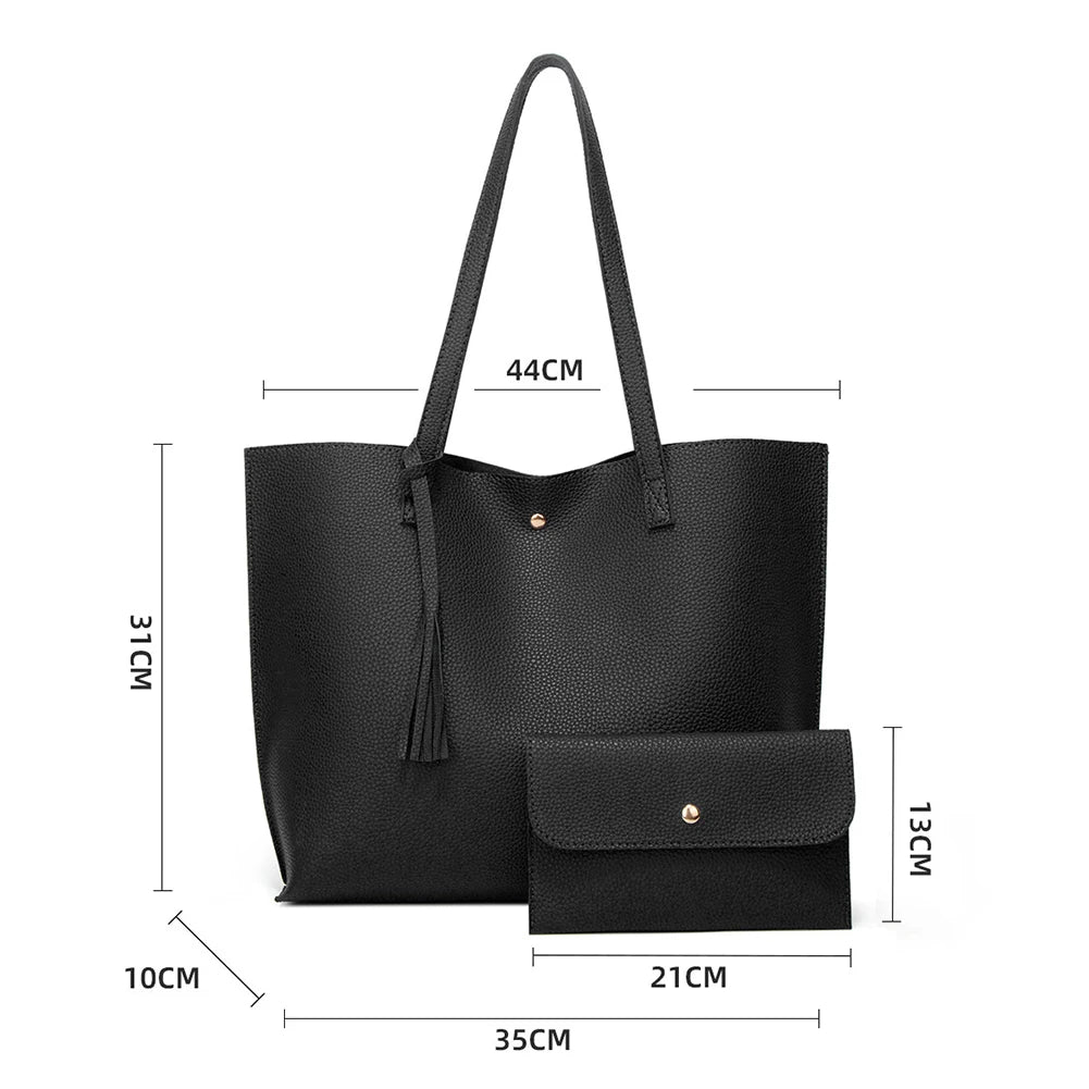 Women PU Leather Shoulder Shopping Bag Large Capacity Tote Handbags 2pcs Bags