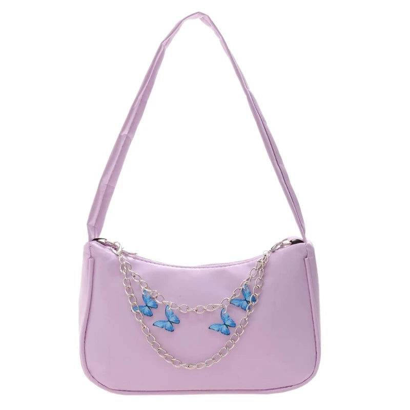 Women PU Underarm Handbags Zipper Closure Butterfly Pendant Chain