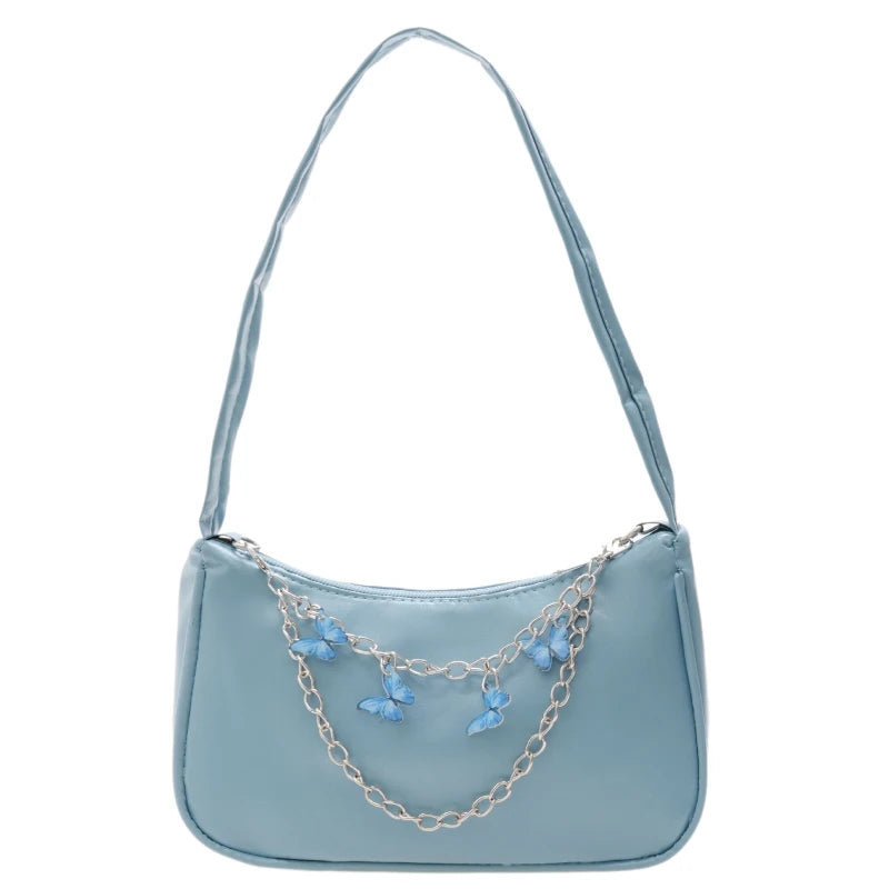 Women PU Underarm Handbags Zipper Closure Butterfly Pendant Chain