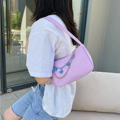 Women PU Underarm Handbags Zipper Closure Butterfly Pendant Chain
