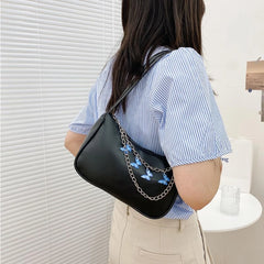 Women PU Underarm Handbags Zipper Closure Butterfly Pendant Chain