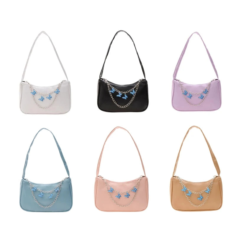 Women PU Underarm Handbags Zipper Closure Butterfly Pendant Chain