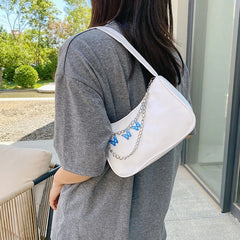 Women PU Underarm Handbags Zipper Closure Butterfly Pendant Chain