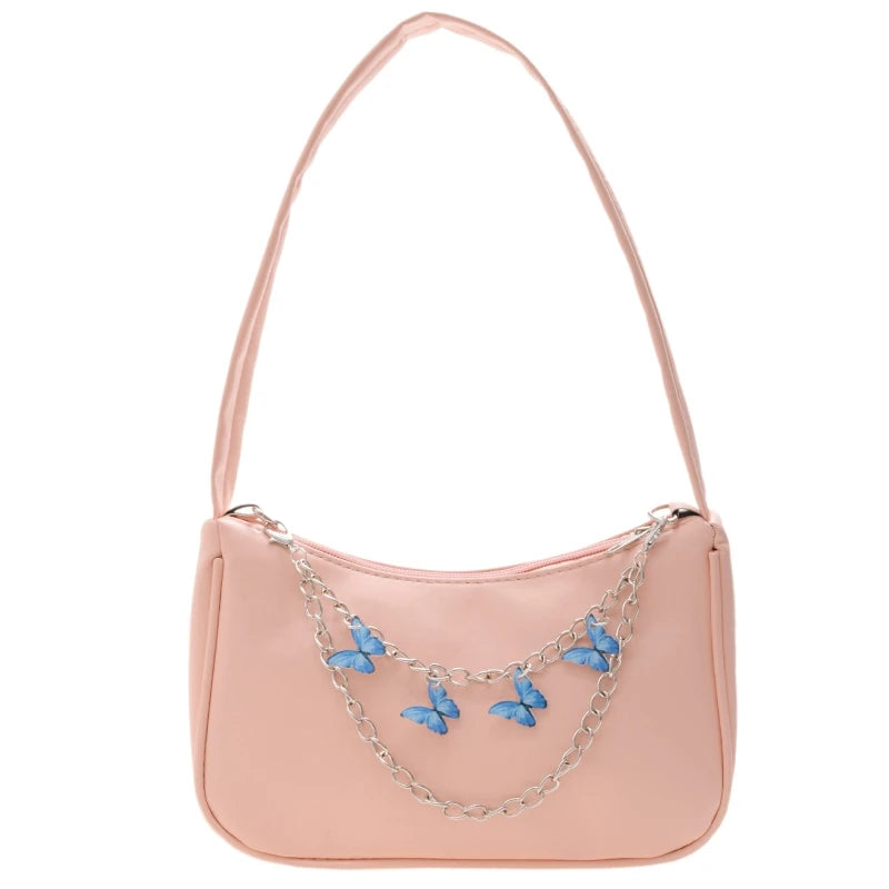 Women PU Underarm Handbags Zipper Closure Butterfly Pendant Chain