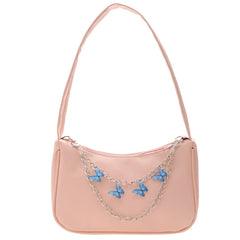 Women PU Underarm Handbags Zipper Closure Butterfly Pendant Chain