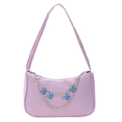 Women PU Underarm Handbags Zipper Closure Butterfly Pendant Chain
