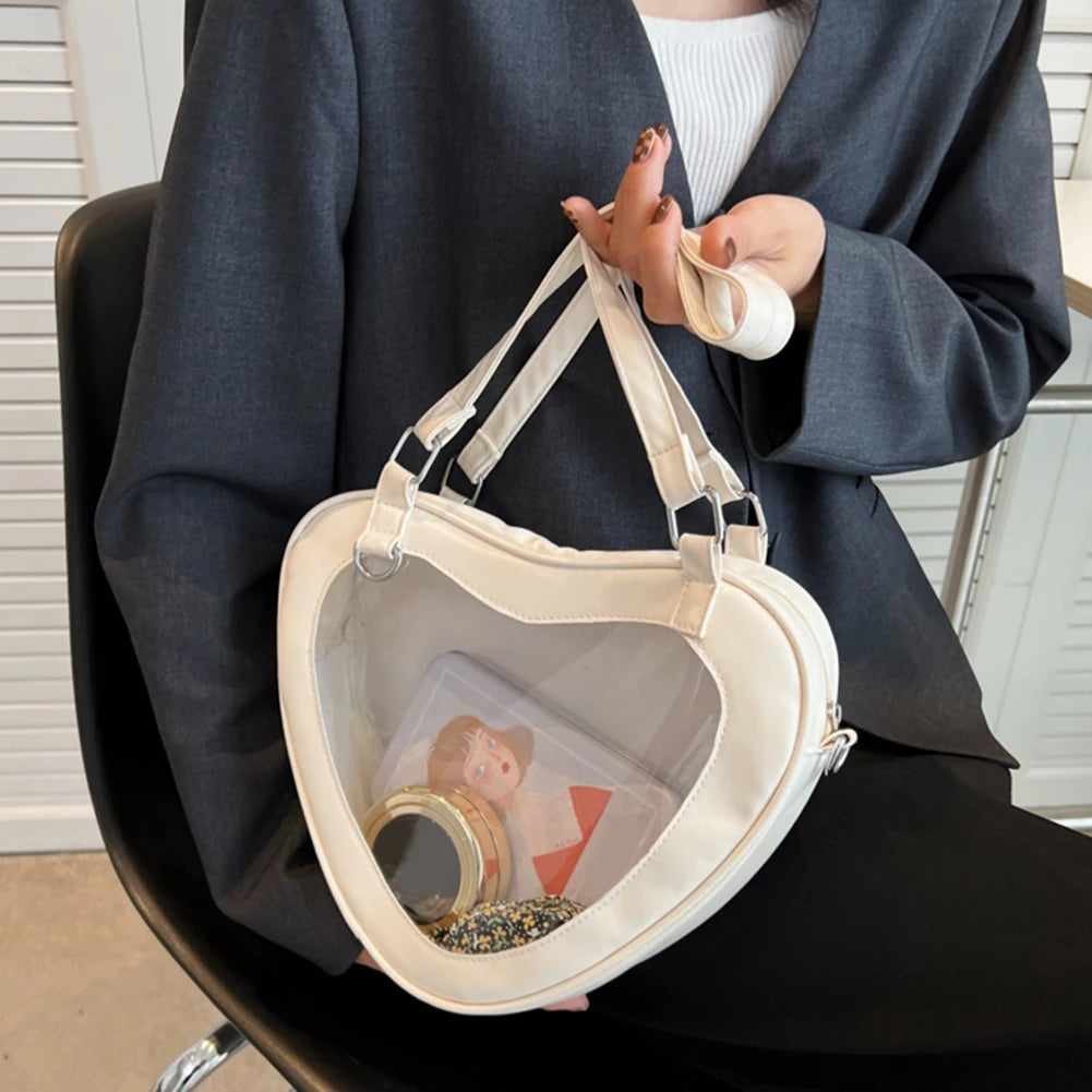 Women PVC Shoulder Bag Love Heart Shaped Girls Daily Travel Handbag Tote Purse