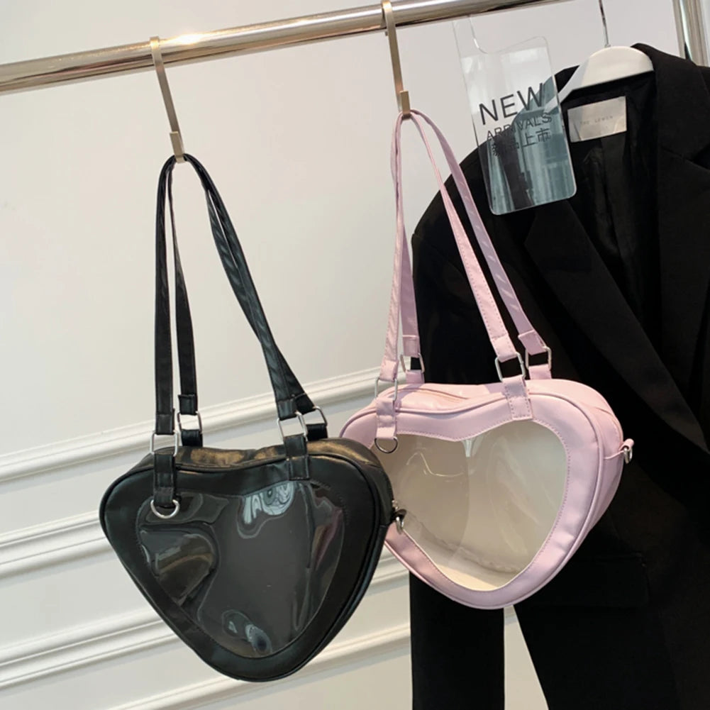 Women PVC Shoulder Bag Love Heart Shaped Girls Daily Travel Handbag Tote Purse