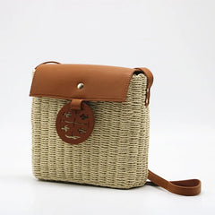 Women Straw Shoulder Bag Hand-Woven Beach Crossbody Messenger Flap Bag