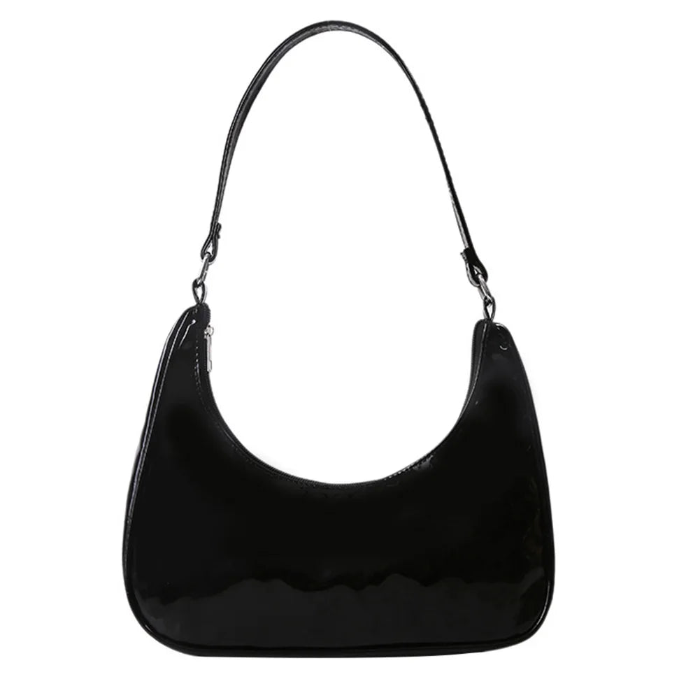 Women Patent Leather Crescent Handbag Small Zipper Armpit Bag