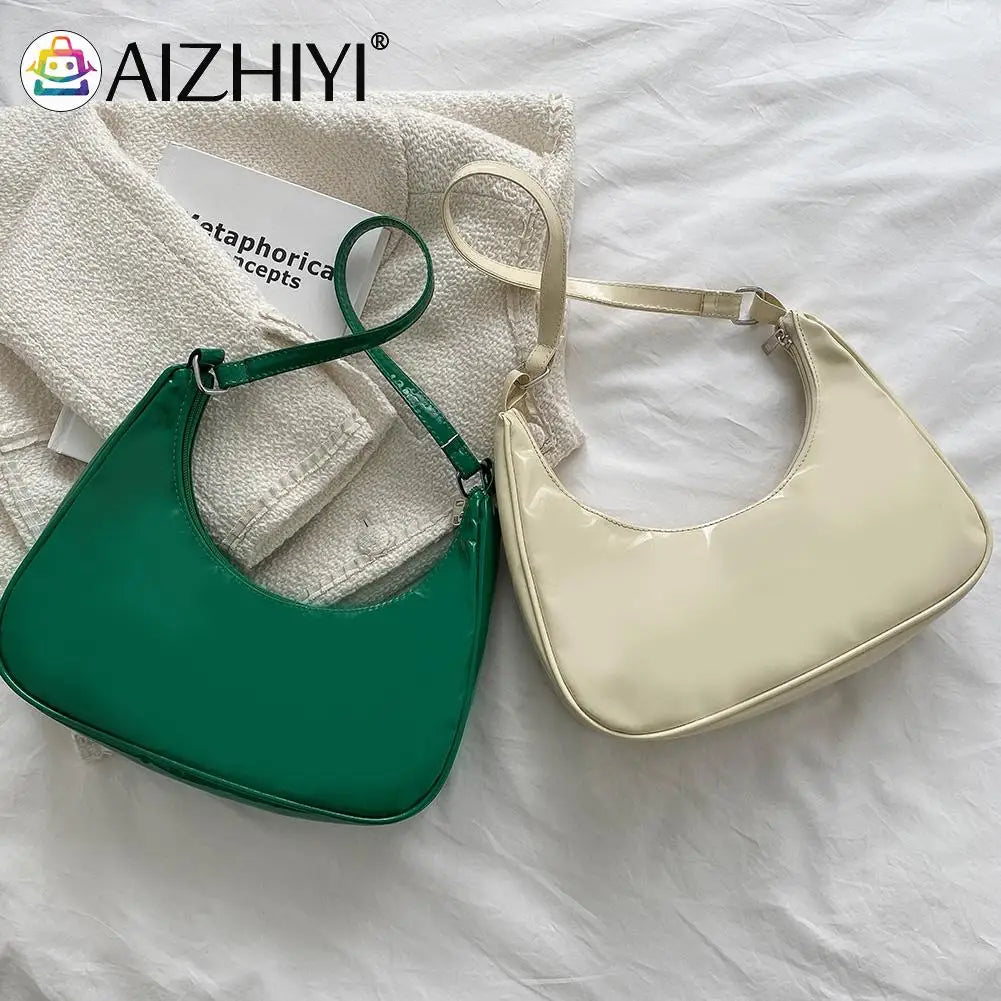 Women Patent Leather Crescent Handbag Small Zipper Armpit Bag
