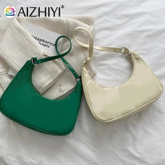 Women Patent Leather Crescent Handbag Small Zipper Armpit Bag