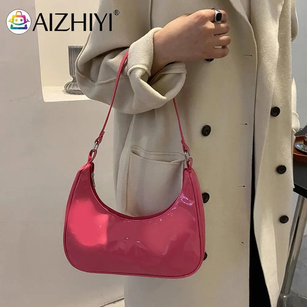 Women Patent Leather Crescent Handbag Small Zipper Armpit Bag