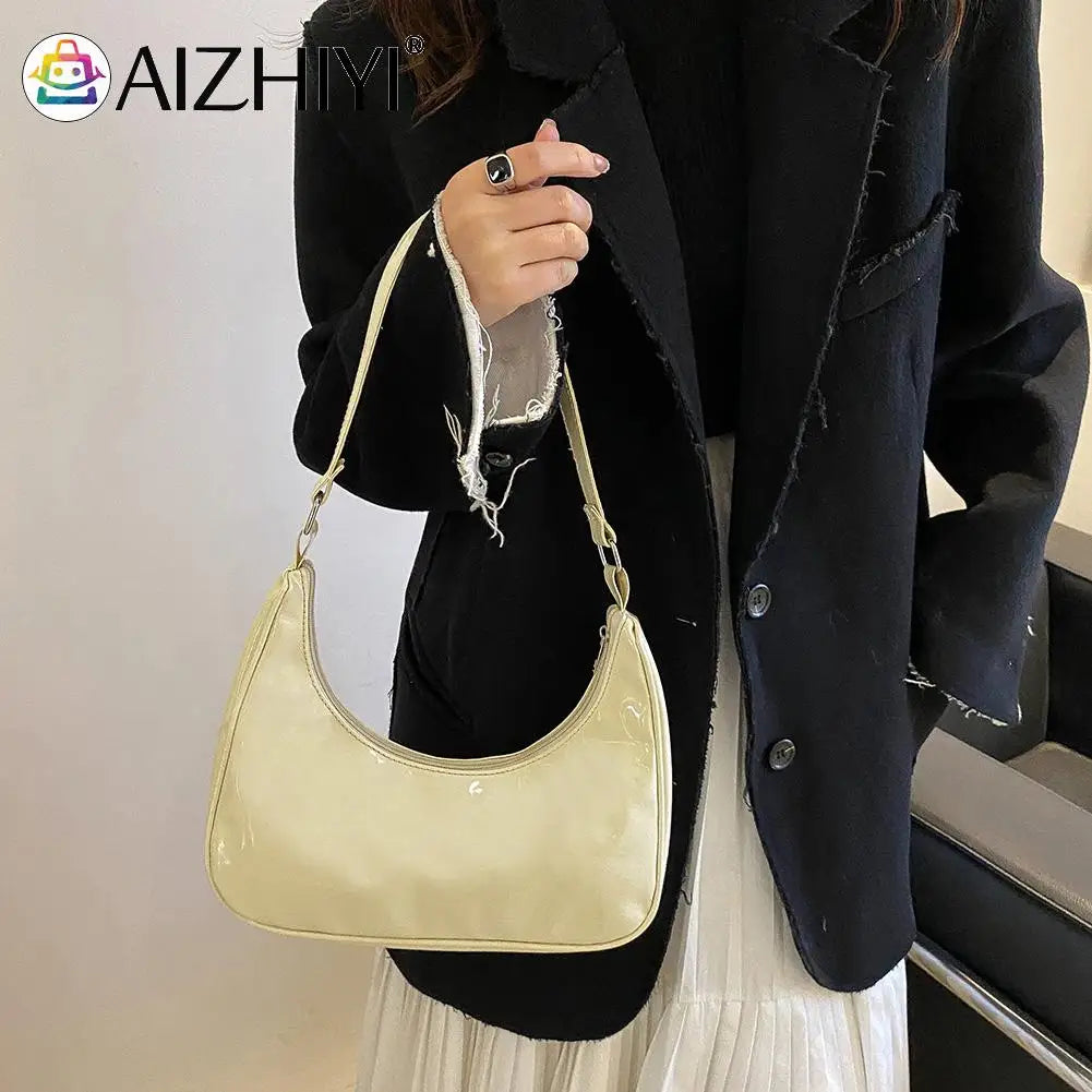 Women Patent Leather Crescent Handbag Small Zipper Armpit Bag