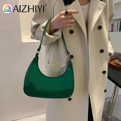 Women Patent Leather Crescent Handbag Small Zipper Armpit Bag