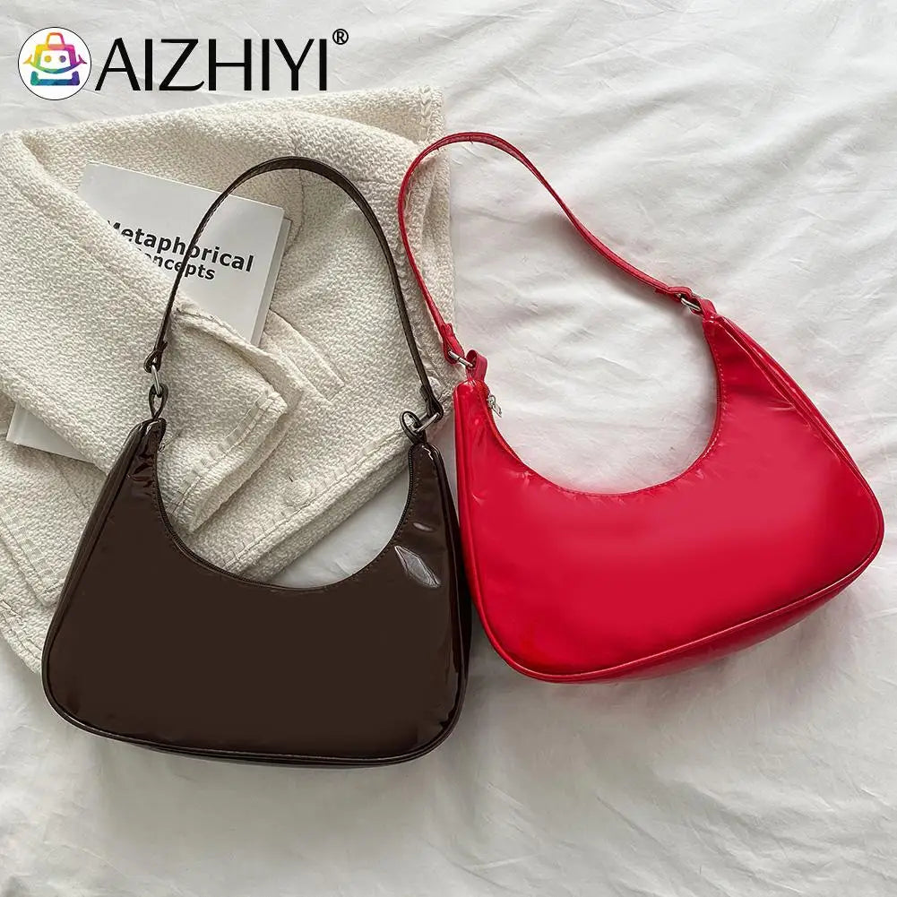 Women Patent Leather Crescent Handbag Small Zipper Armpit Bag