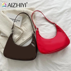 Women Patent Leather Crescent Handbag Small Zipper Armpit Bag