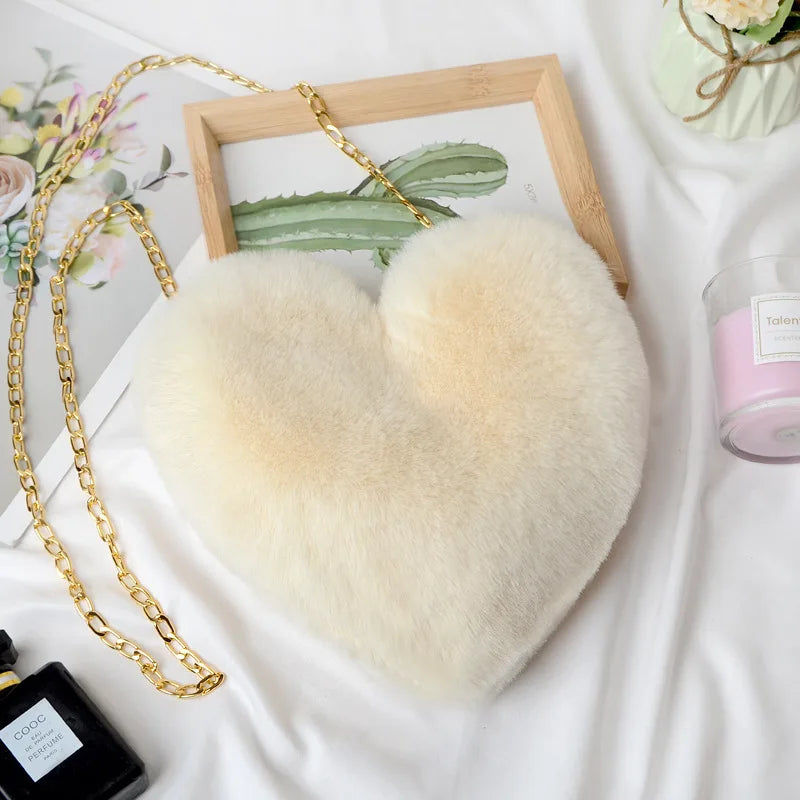 Women Peach Heart Bag Faux Rabbit Fur Heart-Shaped Love Bag