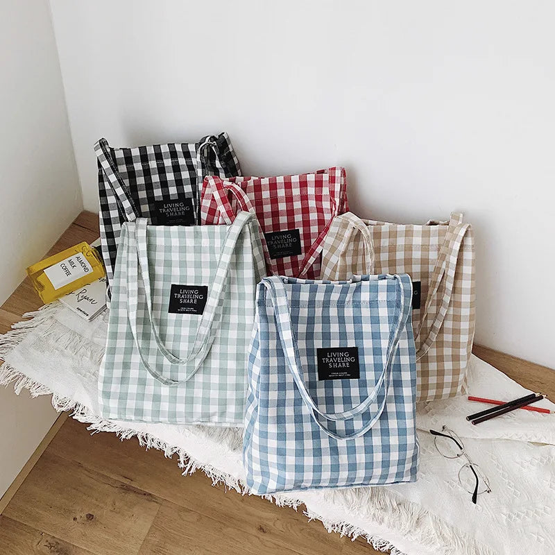 Women Plaid Canvas Tote Shoulder Bag Large Capacity Eco-Friendly Shopping Bag