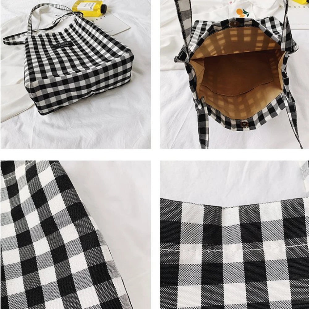 Women Plaid Canvas Tote Shoulder Bag Large Capacity Eco-Friendly Shopping Bag