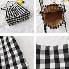 Women Plaid Canvas Tote Shoulder Bag Large Capacity Eco-Friendly Shopping Bag