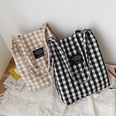 Women Plaid Canvas Tote Shoulder Bag Large Capacity Eco-Friendly Shopping Bag