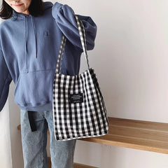 Women Plaid Canvas Tote Shoulder Bag Large Capacity Eco-Friendly Shopping Bag