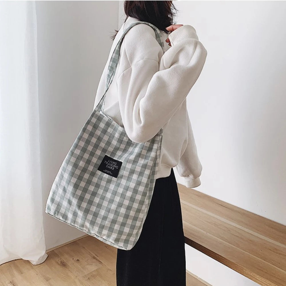 Women Plaid Canvas Tote Shoulder Bag Large Capacity Eco-Friendly Shopping Bag
