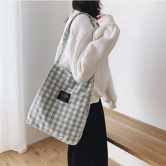 Women Plaid Canvas Tote Shoulder Bag Large Capacity Eco-Friendly Shopping Bag