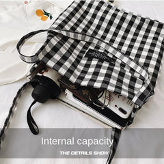 Women Plaid Canvas Tote Shoulder Bag Large Capacity Eco-Friendly Shopping Bag