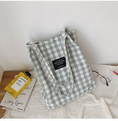 Women Plaid Canvas Tote Shoulder Bag Large Capacity Eco-Friendly Shopping Bag