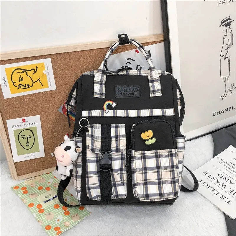 Women Plaid Purple Backpack Cow Pattern Travel Bag Vintage Schoolbag