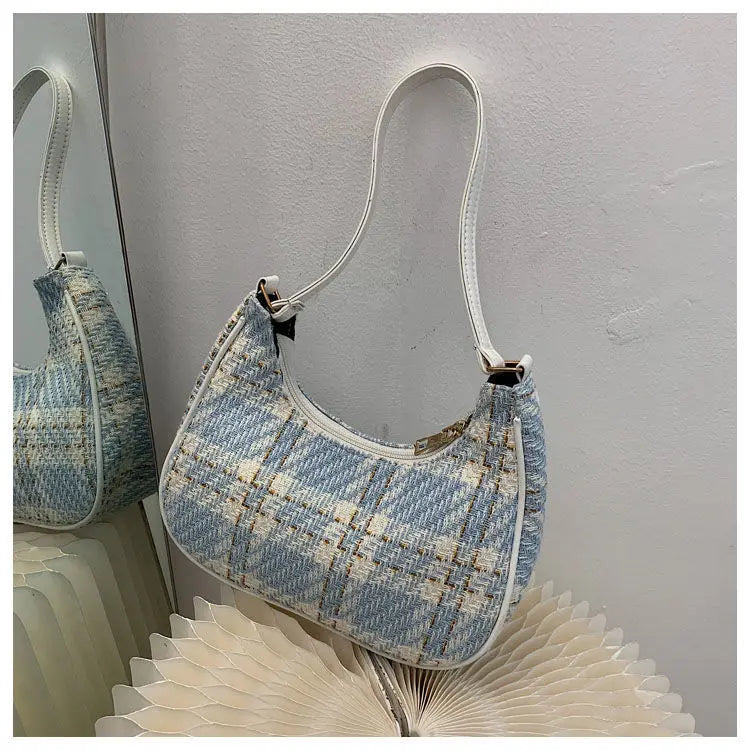 Women Plaid Shoulder Bags Vintage Underarm Canvas Bag Ladies Zipper Handbags