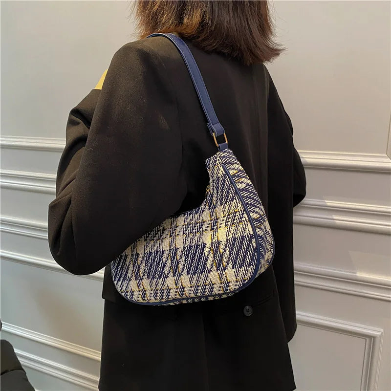 Women Plaid Shoulder Bags Vintage Underarm Canvas Bag Ladies Zipper Handbags