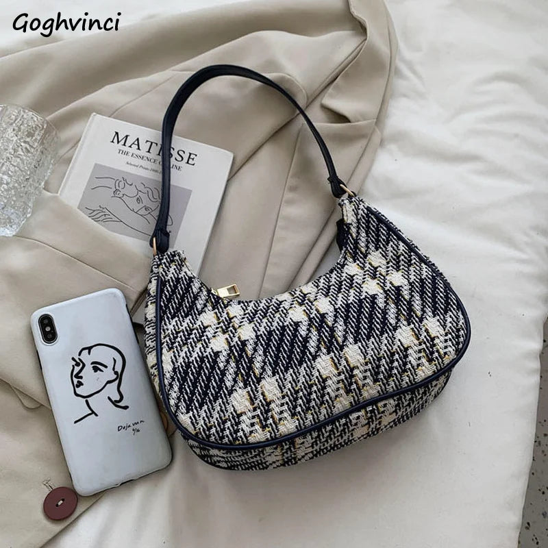 Women Plaid Shoulder Bags Vintage Underarm Canvas Bag Ladies Zipper Handbags