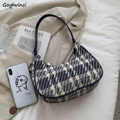 Women Plaid Shoulder Bags Vintage Underarm Canvas Bag Ladies Zipper Handbags
