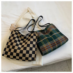Women Plaid Woolen Cloth Shoulder Tote Bag Retro Shopper Eco Shopping Bag