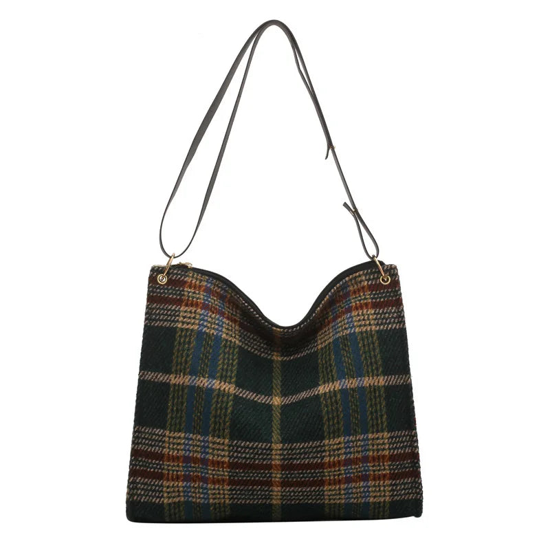 Women Plaid Woolen Cloth Shoulder Tote Bag Retro Shopper Eco Shopping Bag
