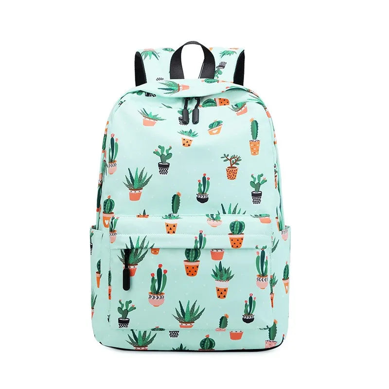 Women Plant Printing School Backpack Cactus Travel Laptop Knapsack