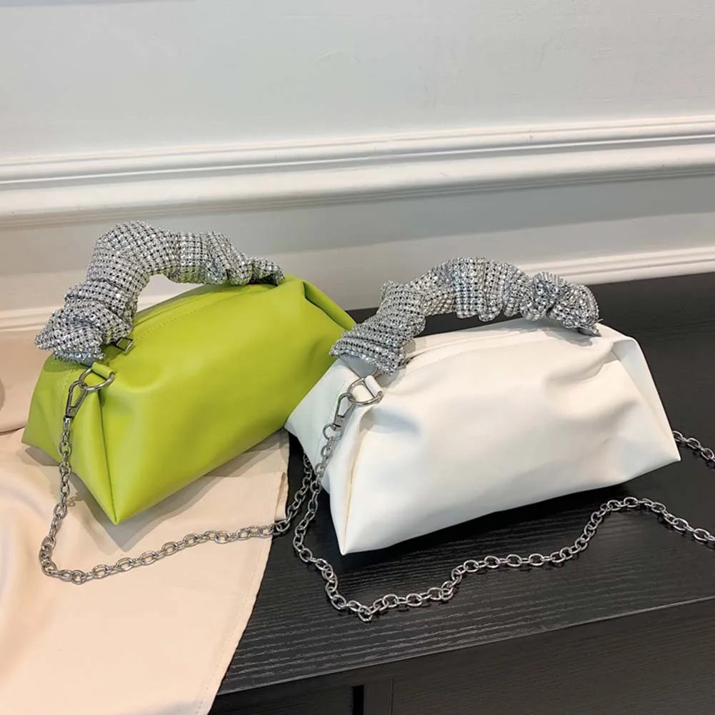 Women Pleated Shoulder Crossbody Bag Rhinestones Clutch Handbag