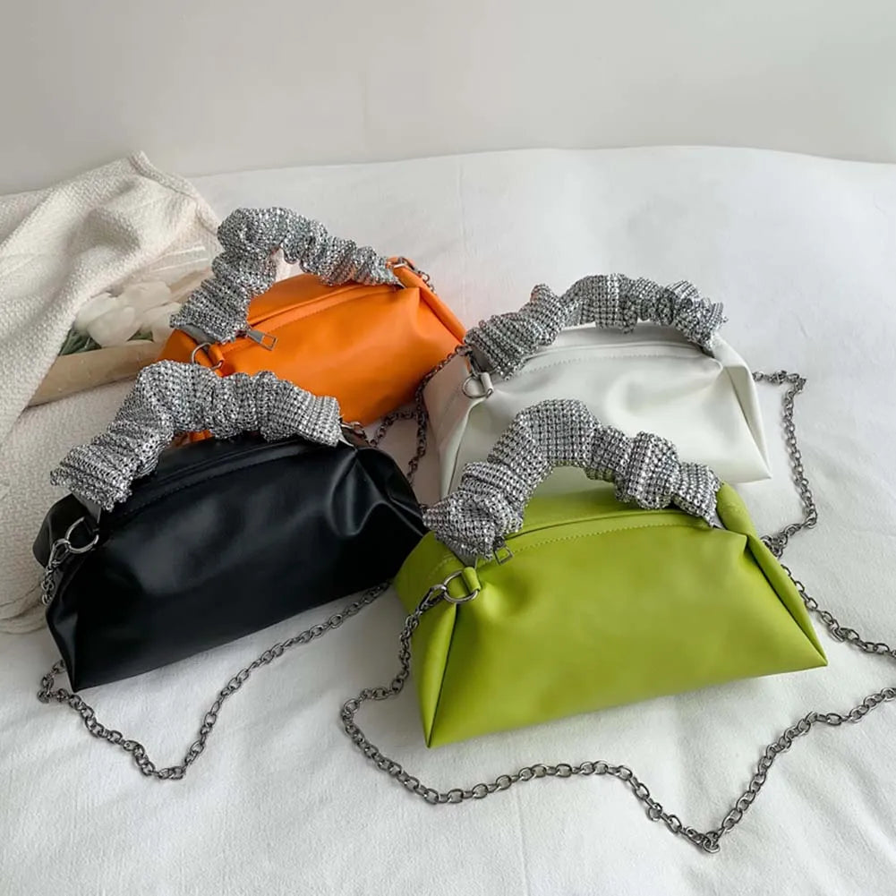 Women Pleated Shoulder Crossbody Bag Rhinestones Clutch Handbag