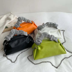 Women Pleated Shoulder Crossbody Bag Rhinestones Clutch Handbag