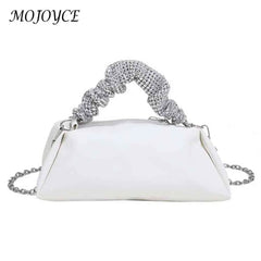 Women Pleated Shoulder Crossbody Bag Rhinestones Chain Small Handbags