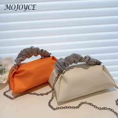 Women Pleated Shoulder Crossbody Bag Rhinestones Chain Small Handbags