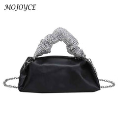 Women Pleated Shoulder Crossbody Bag Rhinestones Chain Small Handbags
