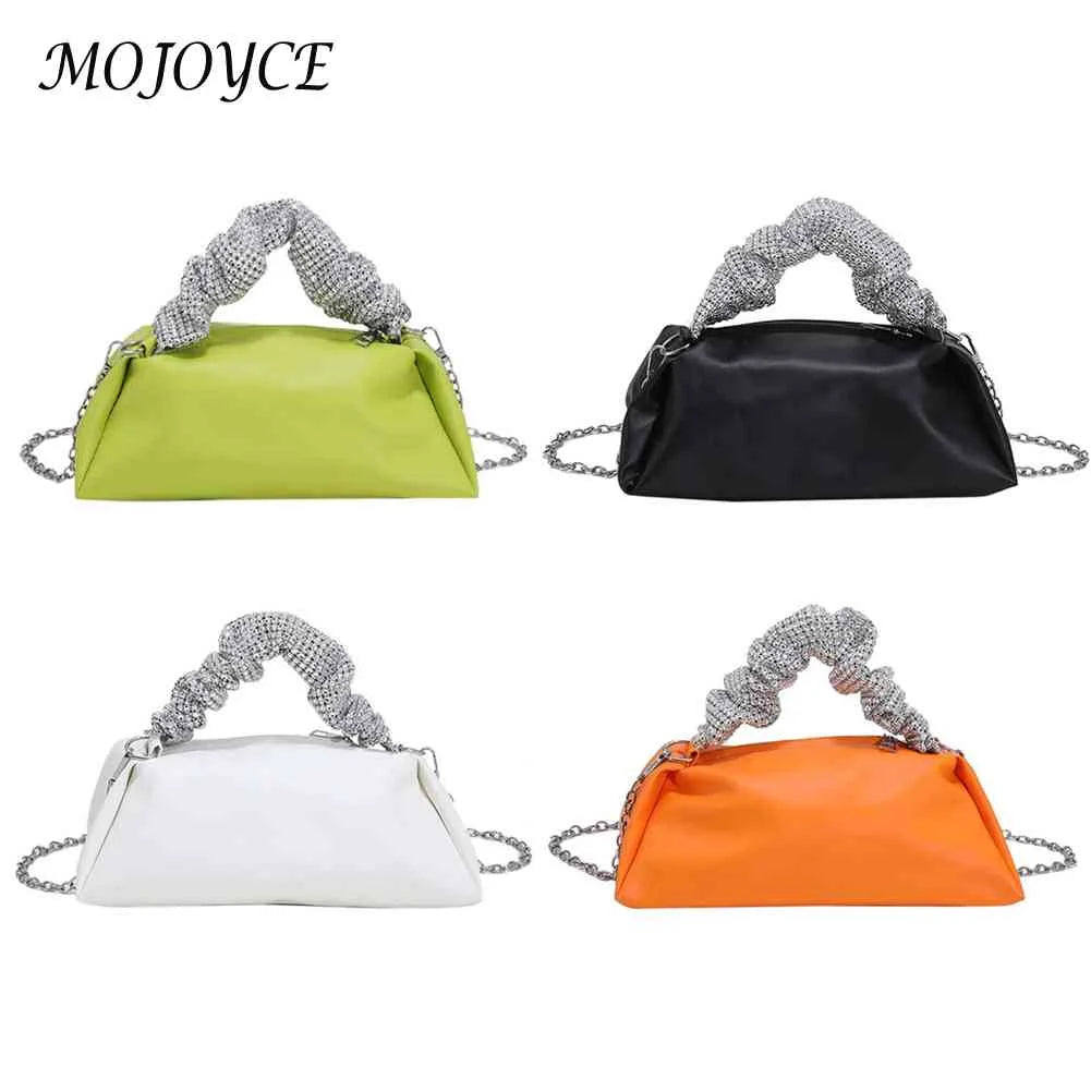 Women Pleated Shoulder Crossbody Bag Rhinestones Chain Small Handbags