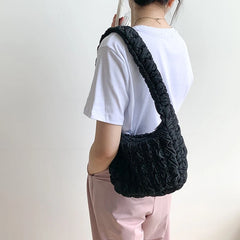 Women Pleated Lattice Shoulder Bag Large Capacity Crossbody Tote Soft Handbag