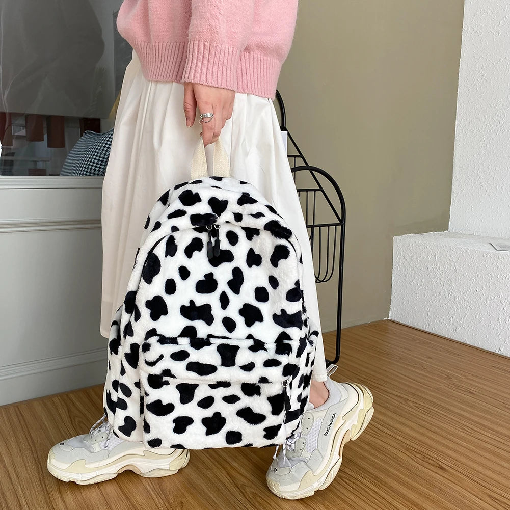 Women Plush Backpack School Shoulder Bag Animal Cow Pattern Travel Rucksack