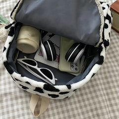 Women Plush Backpack School Shoulder Bag Animal Cow Pattern Travel Rucksack