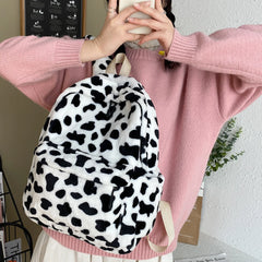 Women Plush Backpack School Shoulder Bag Animal Cow Pattern Travel Rucksack